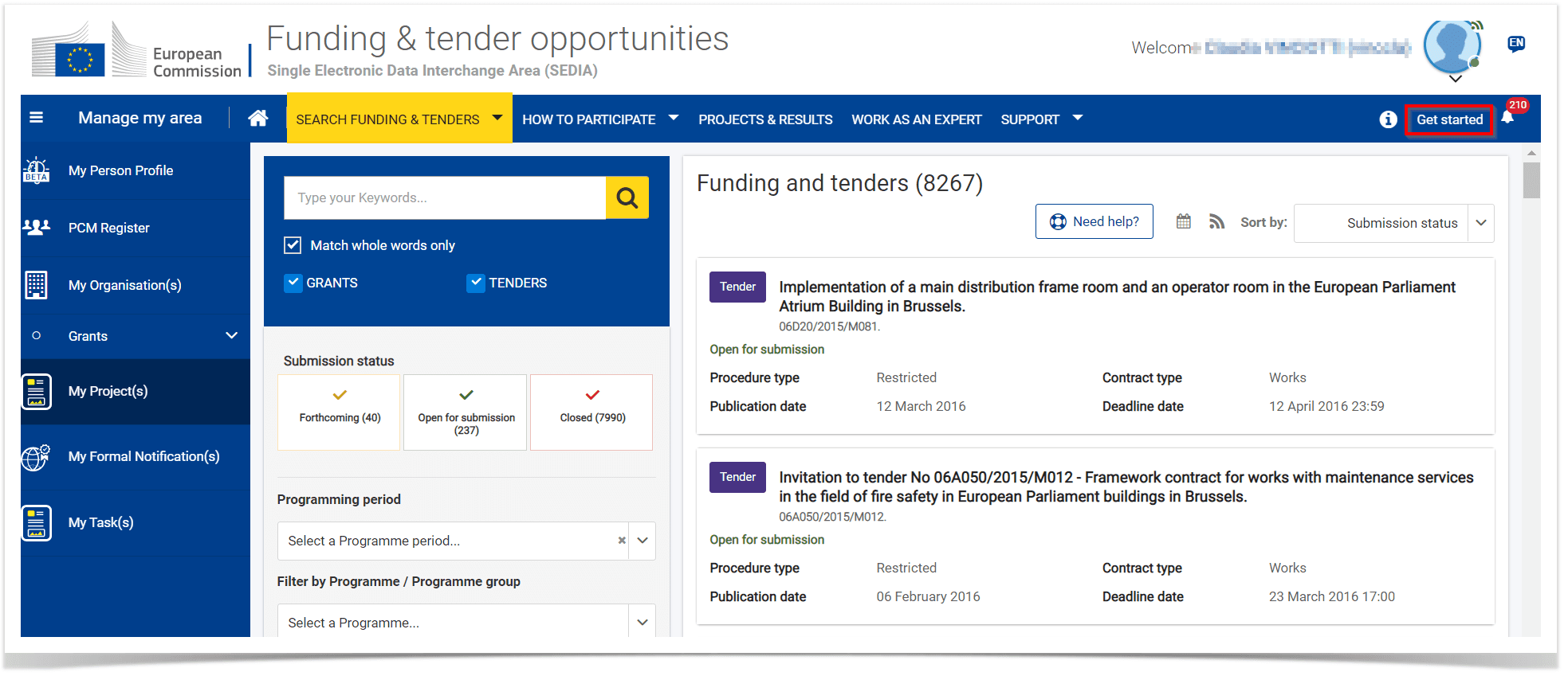 EU Funding and Tenders Portal search interface showing keyword search functionality and filter options