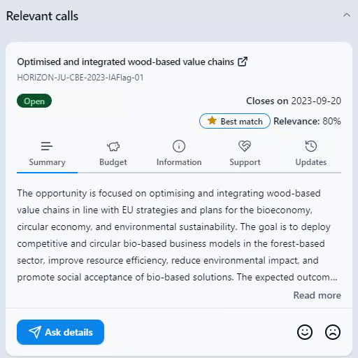 Animation showing GrantsFinder AI matching a project with relevant EU funding calls in seconds