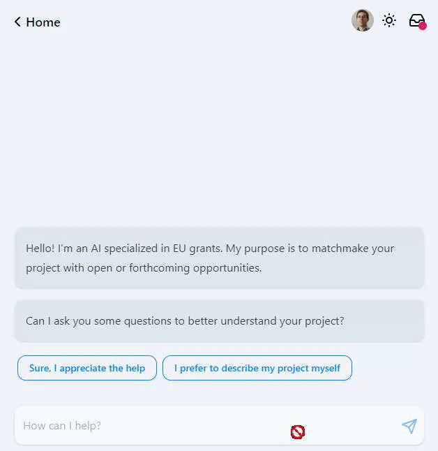GrantsFinder chat interface showing AI-powered grant search